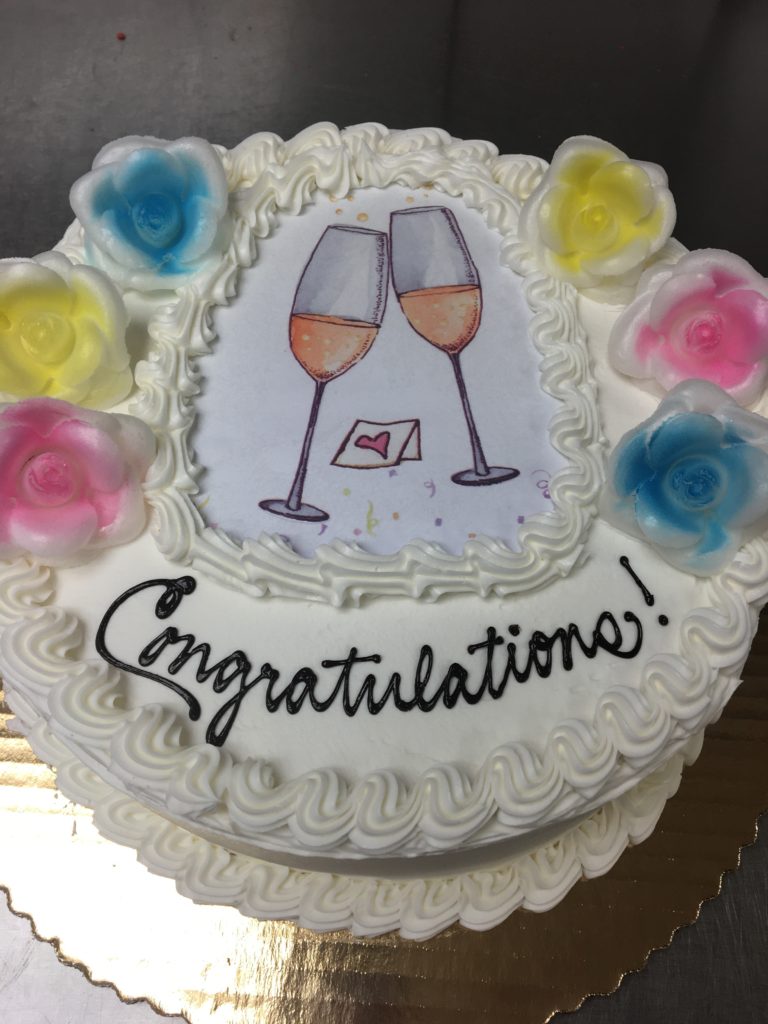 Congratulations cake with champagne glass edible image and wafer flowers